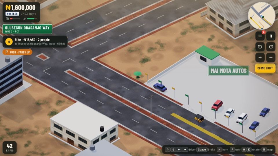 The game: a keke on a wide Abuja road beside a car stand, with the day's cash and a passenger's fare on screen