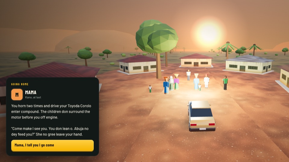 Arriving in the family compound at sunset, with relatives waiting outside the houses