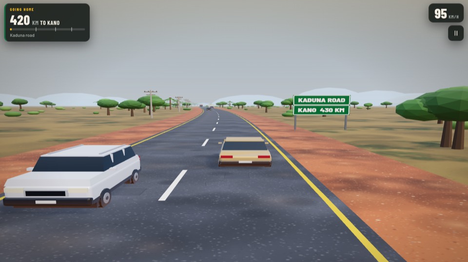 Driving the highway home behind a car, overtaking a trailer, with a road sign counting down the kilometres